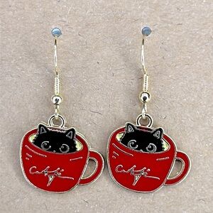 Cute Coffee Cup Cat Enamel Charms Kawaii Teacup Cat Dangle Earrings